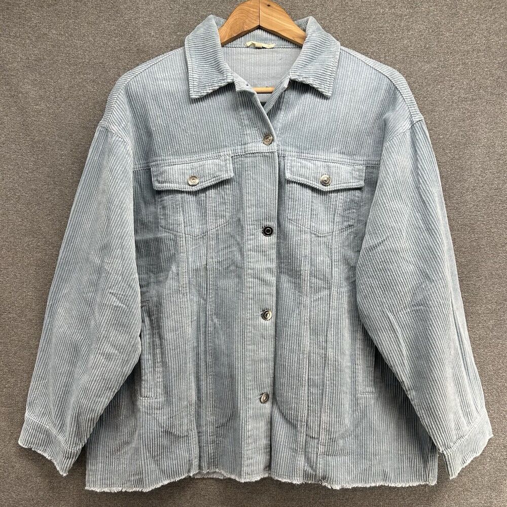 Main Strip Womens Medium Corduroy Shacket Jacket Blue Ribbed Oversized Raw Hem